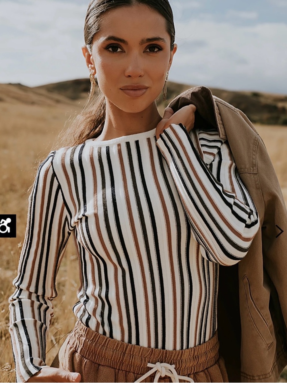 bohme Joey Ribbed Sweater Striped Long-Sleeve Top in White, Black & Brown Medium